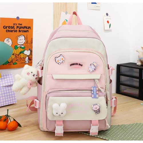 5 Pcs Kawaii Bear Backpack Set with Cute Pendant and Pins School Bags Back to School Supplies for Students (Pink)