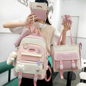 5 Pcs Kawaii Bear Backpack Set with Cute Pendant and Pins School Bags Back to School Supplies for Students (Pink)