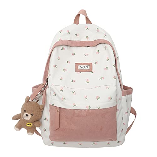 Preppy Backpack Patchwork Cottagecore Aesthetic Backpack Flower Grass Printed Backpack for School Supplies (Pink)