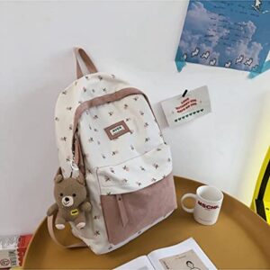 Preppy Backpack Patchwork Cottagecore Aesthetic Backpack Flower Grass Printed Backpack for School Supplies (Pink)