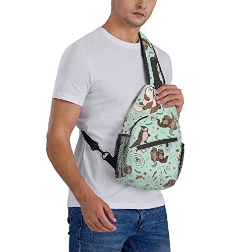 Sea Otters Green Sling Bag Crossbody Backpack Hiking Travel Daypack Chest Bag Shoulder Bag For Women Men