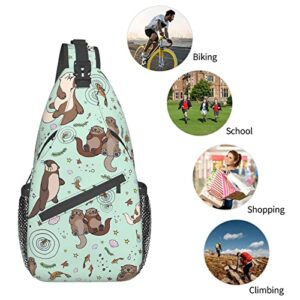 Sea Otters Green Sling Bag Crossbody Backpack Hiking Travel Daypack Chest Bag Shoulder Bag For Women Men