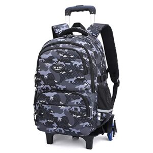 animal prints elemetary rolling backpack,kids wheeled school book bag,casual trolley daypack for boys, black, 6 wheels