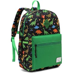kids backpack, kasqo water resistant lightweight preschool toddler bookbag with chest strap for boys and girls, black dinosaur