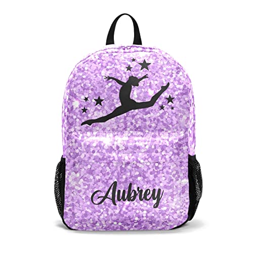 Gymnastic Violets Purple Glitter Personalized Backpack for Teen Boys Girls ,Custom Travel Backpack Bookbag Casual Bag with Name Gift