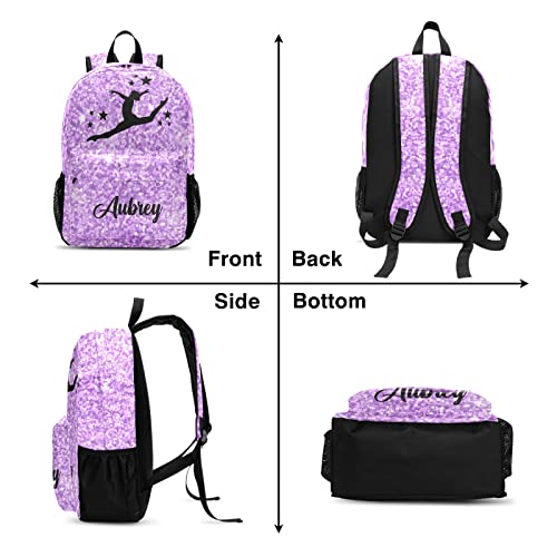 Gymnastic Violets Purple Glitter Personalized Backpack for Teen Boys Girls ,Custom Travel Backpack Bookbag Casual Bag with Name Gift