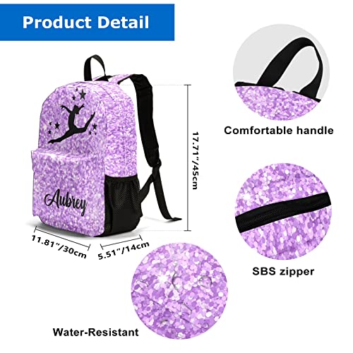 Gymnastic Violets Purple Glitter Personalized Backpack for Teen Boys Girls ,Custom Travel Backpack Bookbag Casual Bag with Name Gift