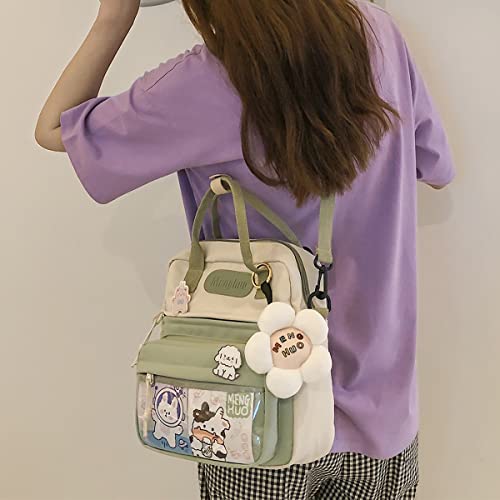 Kawaii Backpack with Cute Pin Flower Accessories Shoulder Tote Bag for Girls Schoolbag for Student Travel Casual Daypack (Green, One Size)