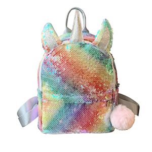 shiny unicorn backpack for girls, rainbow casual backpack with sequin