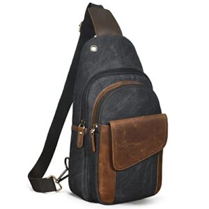 handadsume water resistant canvas + leather hiking travel one shoulder daypack backpack sling crossbody for men women fb8013 (black)