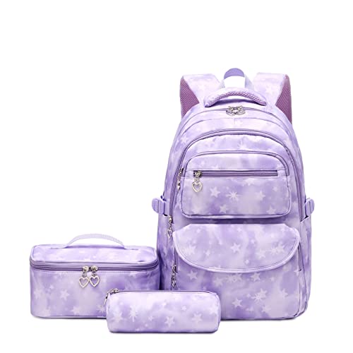 Tanou Backpacks for Girls 3PCs with Lunch Bag Pen Case, Lightweight Breathable Teens Girl Bookbags Sets for Primary Middle School, 22 Liters Cute Back Pack for Teenager 4+ Years, Purple Star