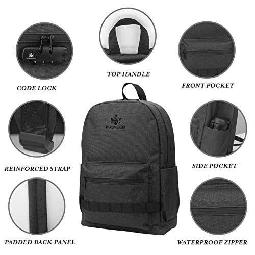 KOSMCCO Smell Proof Medium Backpack with Lock, Unisex Activated Carbon Lining Backpack for Travel Commuter, Black/28.0L