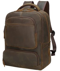 masa kawa large full grain leather 17.3″ laptop backpack for men vintage brown college school bookbag business travel work casual daypack rucksack bag