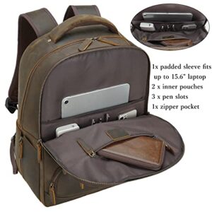 Masa Kawa Large Full Grain Leather 17.3" Laptop Backpack for Men Vintage Brown College School Bookbag Business Travel Work Casual Daypack Rucksack Bag