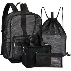 black mesh backpack set heavy duty mesh school bags for boys and girls, see through college student backpack mesh bags with semi transparent drawstring bag, lunch bag and pencil case