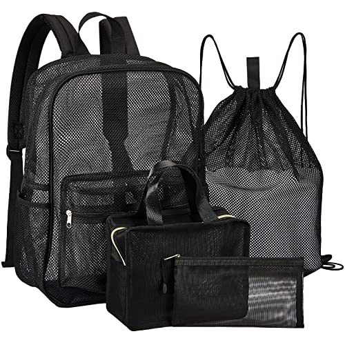 Black Mesh Backpack Set Heavy Duty Mesh School Bags for Boys and Girls, See Through College Student Backpack Mesh Bags with Semi Transparent Drawstring Bag, Lunch Bag and Pencil Case