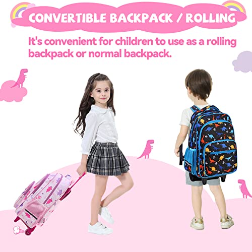 VASCHY Rolling Backpack Kids, 17in Water Resistant Large Schoolbag Carry-on Travel Trip Bag with Wheels for Girls Pink Dinos