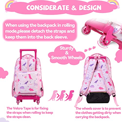VASCHY Rolling Backpack Kids, 17in Water Resistant Large Schoolbag Carry-on Travel Trip Bag with Wheels for Girls Pink Dinos
