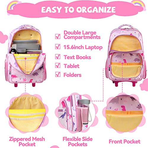 VASCHY Rolling Backpack Kids, 17in Water Resistant Large Schoolbag Carry-on Travel Trip Bag with Wheels for Girls Pink Dinos