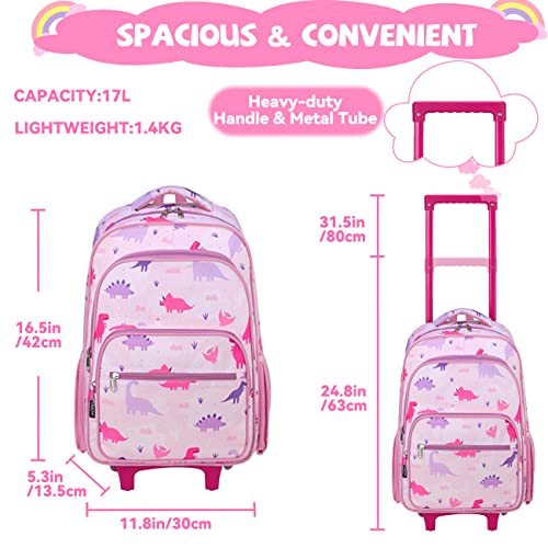 VASCHY Rolling Backpack Kids, 17in Water Resistant Large Schoolbag Carry-on Travel Trip Bag with Wheels for Girls Pink Dinos