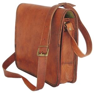 goat leather cross body vintage style shoulder bag 11 inch small travelling bag for women & men, brown