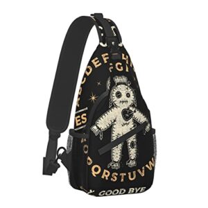 sweet tang casual sling backpack chest shoulder ouija board with a voodoo doll occultism set crossbody backpack, unbalance gym bag travel bag outdoor hiking daypack for men women boys