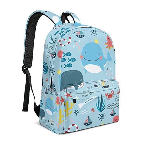 Big Kids School Backpack with Cute Whale Patterned, Classic Lightweight School Bookbags Durable Casual Daypack 17 IN for Middle High School College Students with 15-Inch Laptop Compartment