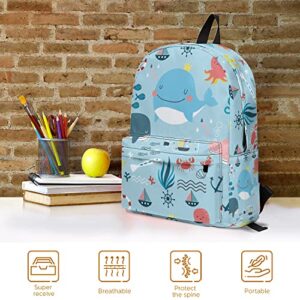 Big Kids School Backpack with Cute Whale Patterned, Classic Lightweight School Bookbags Durable Casual Daypack 17 IN for Middle High School College Students with 15-Inch Laptop Compartment