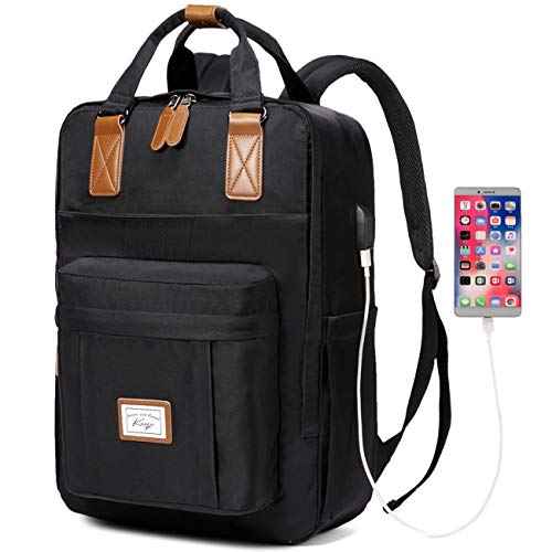 Kasqo Backpack for Women Men, 15.6" Large Capacity Water Resistant Laptop Bookbag Fashion School Bag with USB Charging Port for College Travel Work, Black