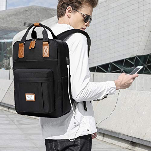 Kasqo Backpack for Women Men, 15.6" Large Capacity Water Resistant Laptop Bookbag Fashion School Bag with USB Charging Port for College Travel Work, Black