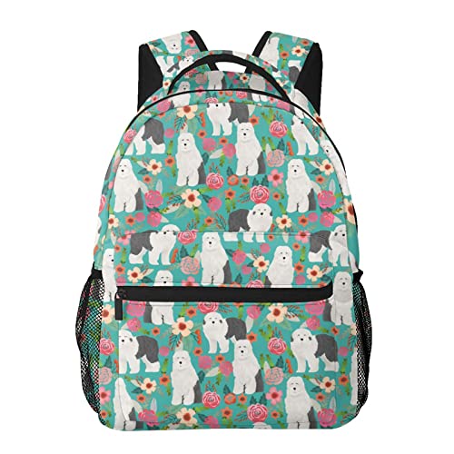 Monikar Cute Old English Sheepdog Dogs Lovers Green Flower Floral Animals Dog Backpack Durable Waterproof Light Cozy Laptop Bag Print Backpacks For Women Men Teens School Bookbag Travel Birthday Gift