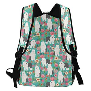 Monikar Cute Old English Sheepdog Dogs Lovers Green Flower Floral Animals Dog Backpack Durable Waterproof Light Cozy Laptop Bag Print Backpacks For Women Men Teens School Bookbag Travel Birthday Gift