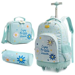 mohco rolling backpack for girls 18 inch cute school bookbag set for kids with lunch bag and pencil case wheeled backpack blue daisy