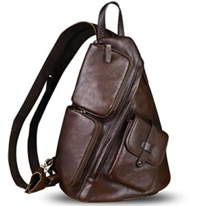genuine leather sling bag crossbody casual hiking daypack vintage handmade chest bag shoulder backpack motorcycle pack rucksack (coffee)