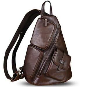 Genuine Leather Sling Bag Crossbody Casual Hiking Daypack Vintage Handmade Chest Bag Shoulder Backpack Motorcycle Pack Rucksack (Coffee)