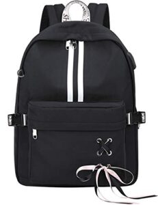 el-fmly fashion travel backpack with cute ribbon for teen girl boy school bookbag with usb charging port & headphone jack (black)