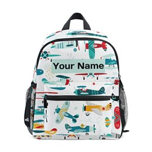 Custom Cartoon Airplane Boys Kids Backpack for Girls Boys, Aircraft Print Toddler Casual Daypack Backpacks, Personalized with Kid's Name Preschool School Bag, Children Travel Bookbag with Chest Strap