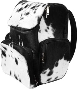 lp-facon cowhide hair western leather cow skin print fur leather diaper backpack rucksack / knapsack travel shoulder bag black & white