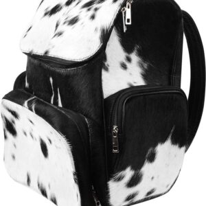 LP-FACON Cowhide Hair Western Leather Cow Skin Print Fur Leather Diaper Backpack Rucksack / Knapsack Travel Shoulder Bag Black & White