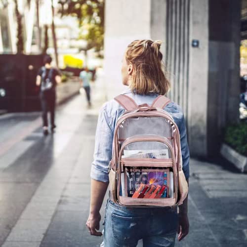 HIQUAY Heavy Duty Multi-Pockets Transparent Bookbag Clear Backpack Large Capacity See Through Backpack for Office (Pink)