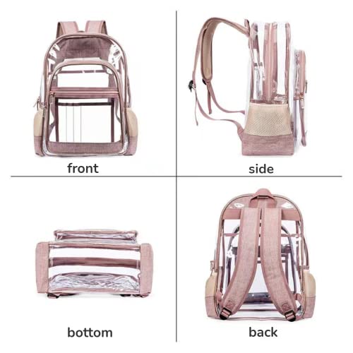 HIQUAY Heavy Duty Multi-Pockets Transparent Bookbag Clear Backpack Large Capacity See Through Backpack for Office (Pink)