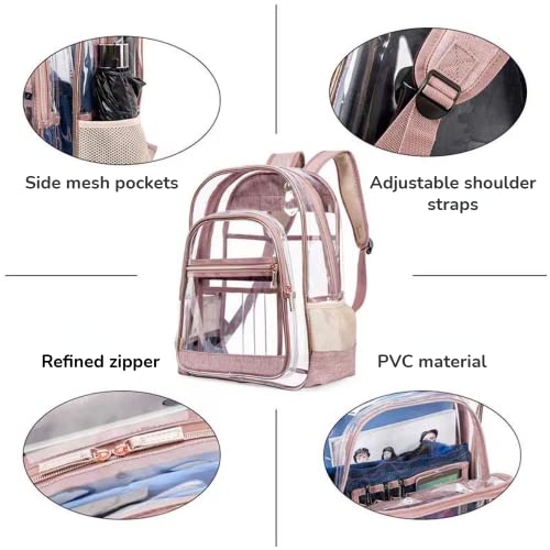 HIQUAY Heavy Duty Multi-Pockets Transparent Bookbag Clear Backpack Large Capacity See Through Backpack for Office (Pink)