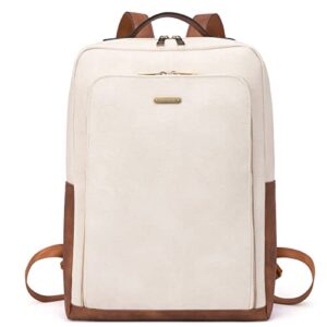 cluci leather laptop backpack for women 15.6 inch computer bag large travel vintage college daypack business bags off-white with brown