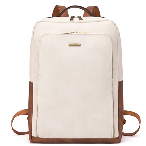 CLUCI Leather Laptop Backpack for Women 15.6 inch Computer Bag Large Travel Vintage College Daypack Business Bags Off-white With Brown