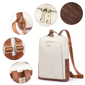 CLUCI Leather Laptop Backpack for Women 15.6 inch Computer Bag Large Travel Vintage College Daypack Business Bags Off-white With Brown