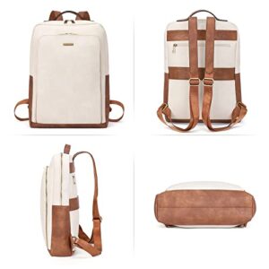 CLUCI Leather Laptop Backpack for Women 15.6 inch Computer Bag Large Travel Vintage College Daypack Business Bags Off-white With Brown