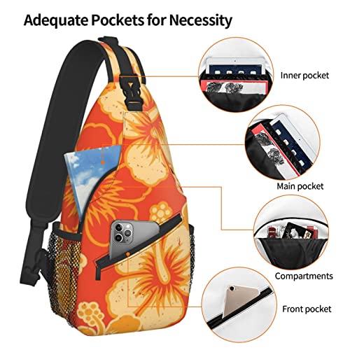 Sling Bag, Orange Hawaiian print Crossbody Sling Backpack for Casual Shoulder Women & Men, Black