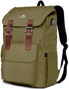 matein vintage backpack travel laptop backpack with usb charging port for women & men school college students backpack fits 17.3 inch laptop green
