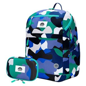 uninni camouflage blue 16” kids backpack with cute pencil case, lightweight, school and travel storage organizer