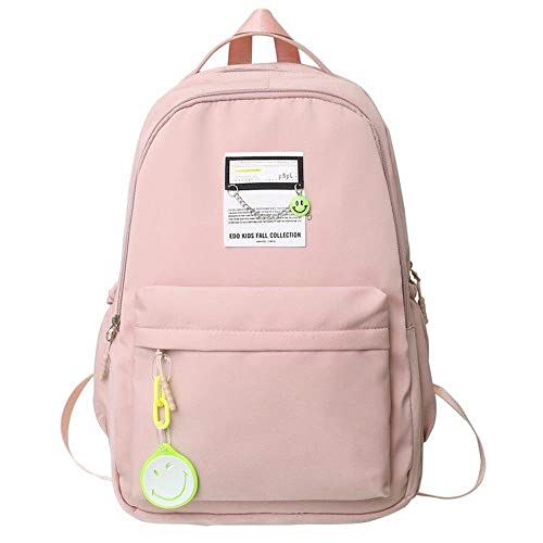 JHTPSLR Preppy Backpack Smiley Face Solid Preppy Aesthetic Backpack with Accessories Teen Girls Back to School Supplies (Pink)